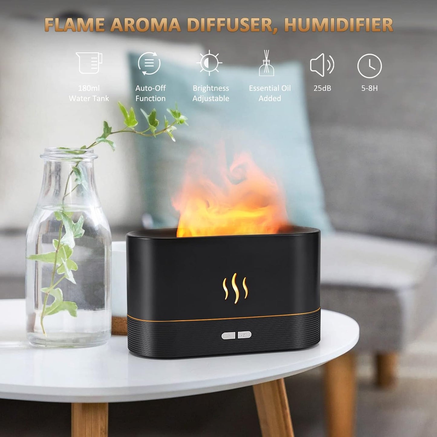 Flame Diffuser Humidifier-Auto off 180Ml Essential Oil Diffuser-2 Modes Brightness Aroma Humidifier with Fire Flame Effect for Home,Office,Spa,Gym(White)…