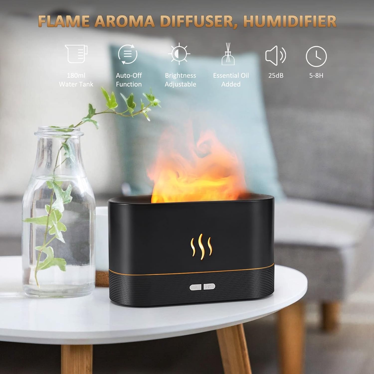 Flame Diffuser Humidifier-Auto off 180Ml Essential Oil Diffuser-2 Modes Brightness Aroma Humidifier with Fire Flame Effect for Home,Office,Spa,Gym(White)…